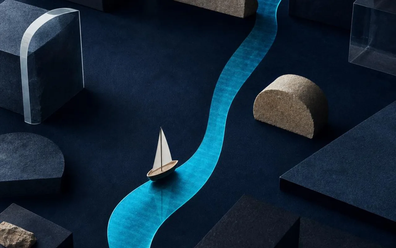 Small sailboat following a clear cyan channel between larger dark structures.