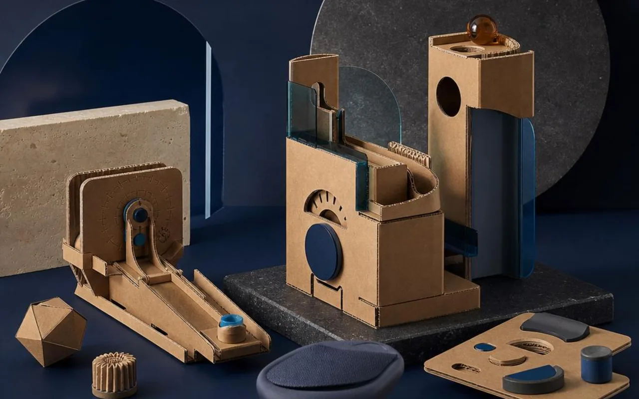 Cardboard engineering modules arranged as a tactile make, play and discover system.