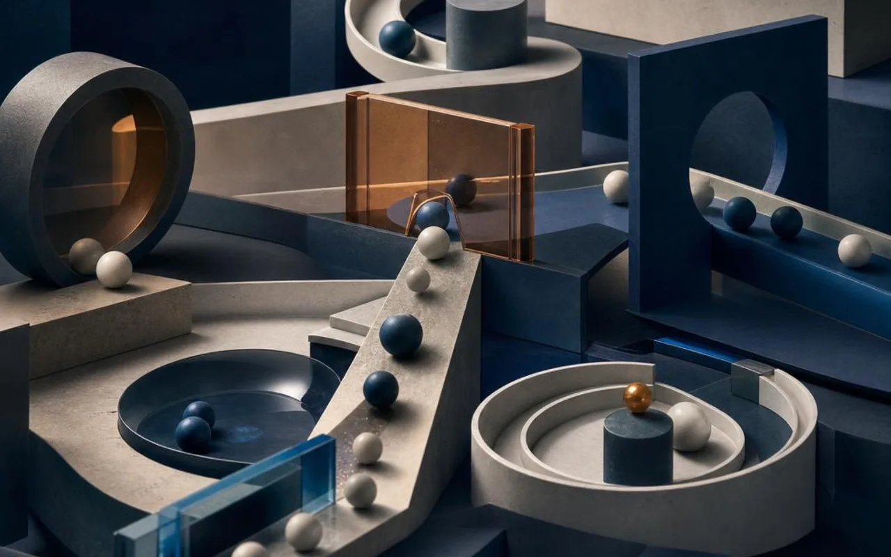 Sculptural channels and gates guiding spheres through a deliberately designed system.