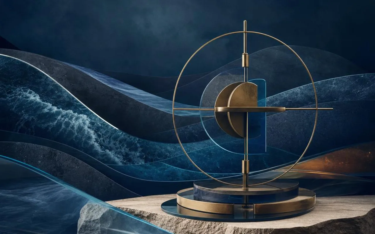 Brass compass-like structure anchored among layered moving ocean currents.