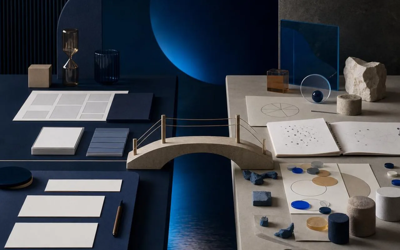 Strategy decision materials and rapid prototyping materials connected across one working table.
