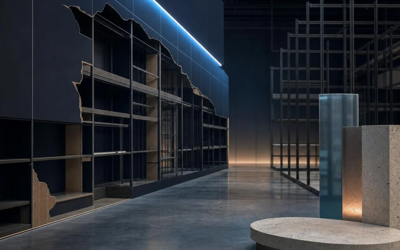 Empty warehouse retail grid with an incomplete structural system beneath the visible format.