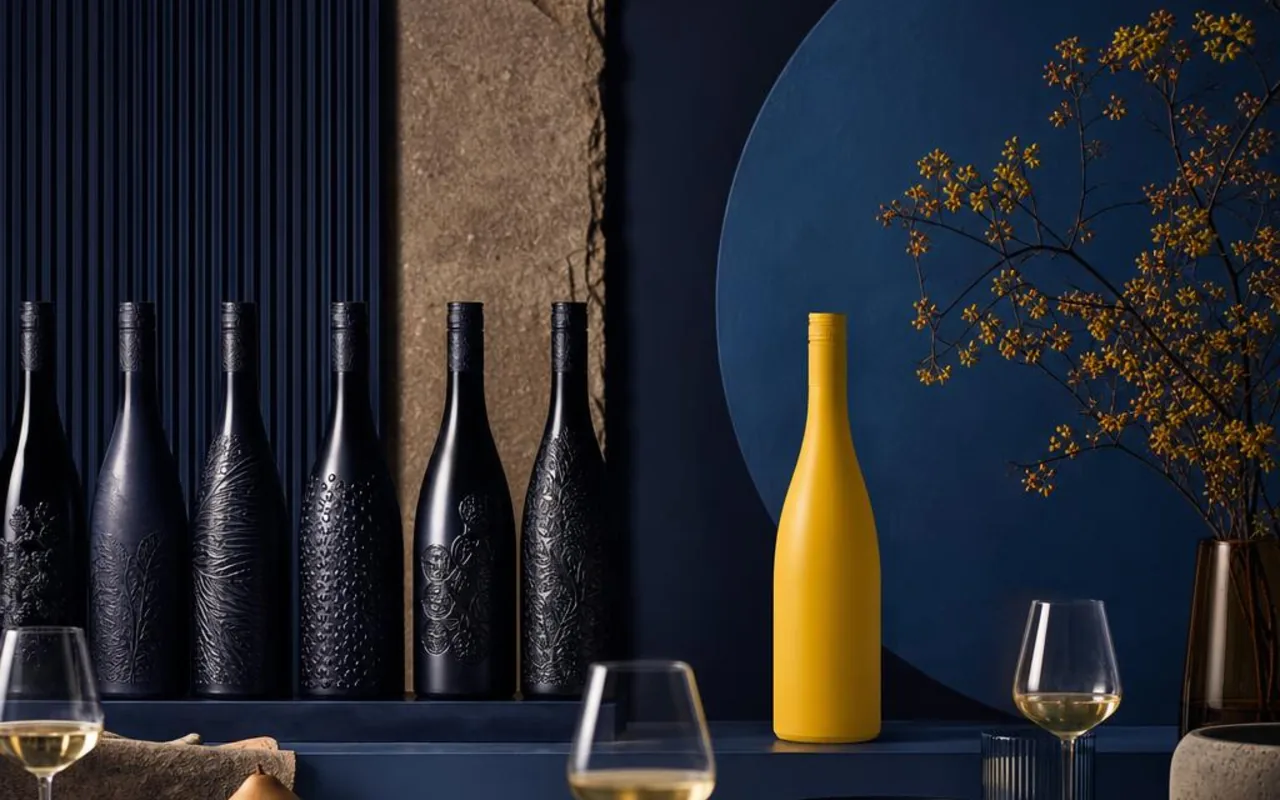 Unbranded yellow wine bottle standing apart from a row of formal dark bottles.